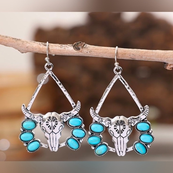 Silver and Blue Dangle Earrings with Southwestern Charm - Picture 2 of 3